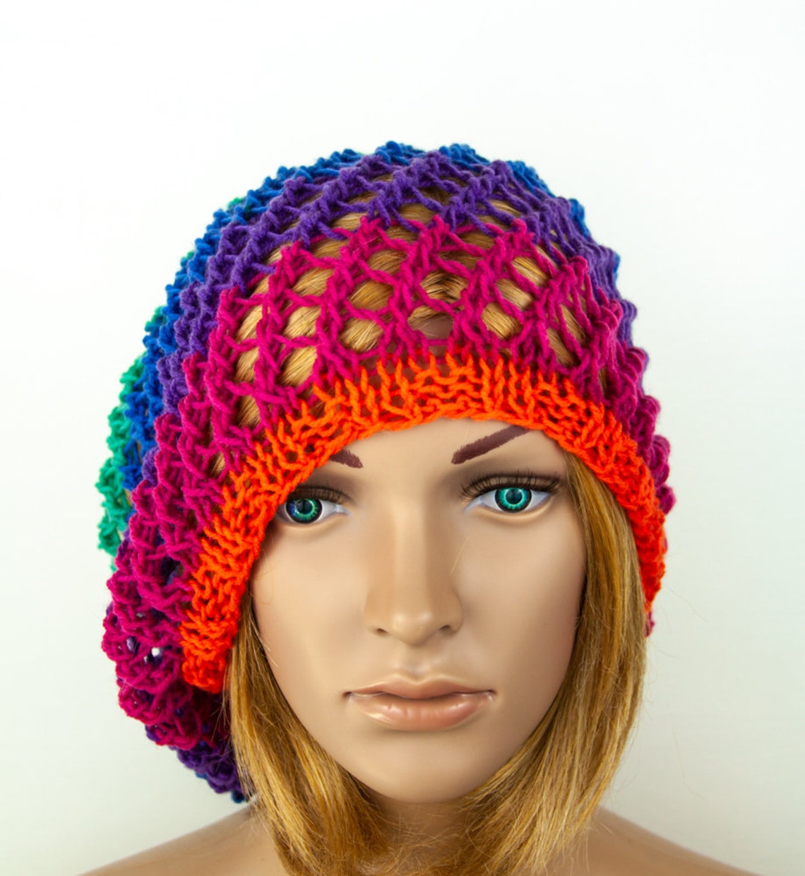Summer Beanie Hand knitted Rainbow Striped Mesh Lace knit Etsy