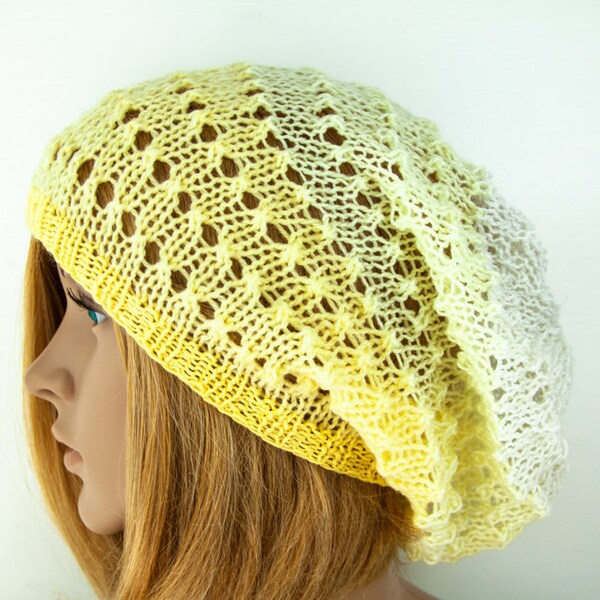 Summer Beanie Cotton Hand knitted Lace Knit Mesh Long Oversize Slouchy Hat Cap Boho Hippie Beanie Yellow Ombre White Lightweight Beanie Hat