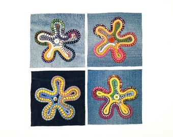 Patches Upcycled Denim Applique Flowers Hand Embroidered Hand sewn Hand stitched Sew On Patch Embellishment Visible mending Тextile art