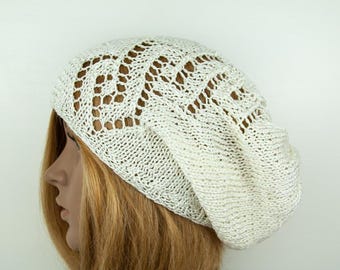 Summer Beanie Cotton Viscose Hand knitted lace Knit Long Oversize Slouchy Lightweight Beach Hat Cap Boho Hippie White Cotton Beanie Hat