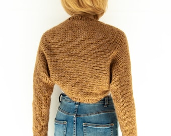 Cardigan Shrug Merino Wool Kid Mohair Hand knitted Bolero Boho chic Casual Camel Light brown Streetwear Minimalist