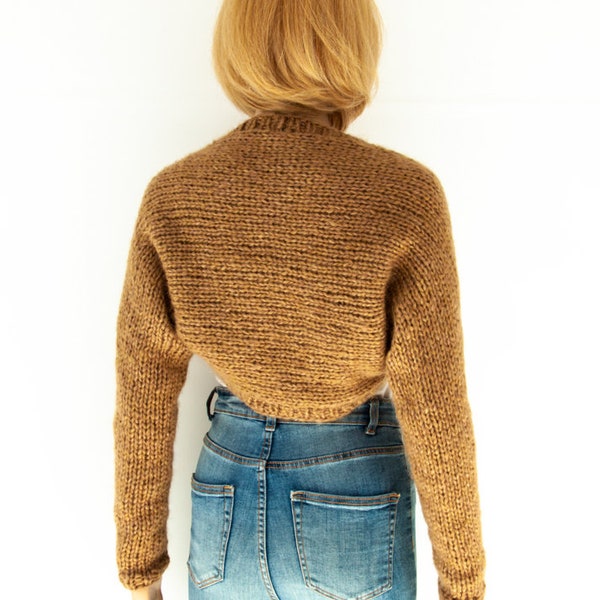 Cardigan Shrug Merino Wool Kid Mohair Tricoté à la main Boléro Boho chic Casual Camel Marron clair Streetwear Minimaliste