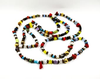 Long Necklace Brown Wood Beads Colorful Glass Ceramic Beads Artisan Beaded Necklace Boho Hippie Grunge Gipsy Multicolor Necklace