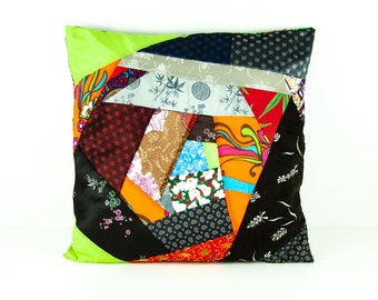 Cushion Pillow Cover Silk Patchwork Taffeta Georgette Upcycled Fabric Decorative Pillow Eclectic Home Decor Colorful Multicolor Throw Pillow