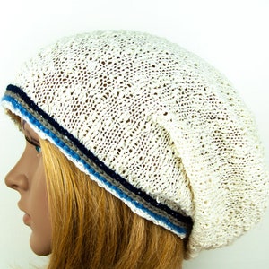 Beanie Cotton Hand knitted Srriped Unisex Long Oversize Slouchy Hat Cap Boho Hippie White Ivory Cotton Beanie Hat Cap Buckle yarn