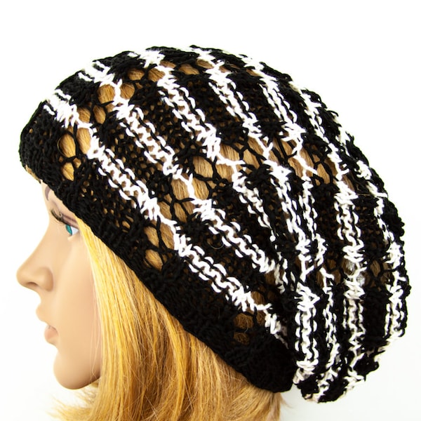 Bonnet d'été soie coton tricoté à la main dentelle tricoté rayé oversize long ample léger chapeau casquette bohème hippie ivoire blanc noir