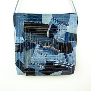 Crossbody Denim Bag Quilted Crazy Patchwork Upcycled Denim Shoulder Bag Artisan Boho Hippie Denim Cross Body Bag Unisex Denim Bag
