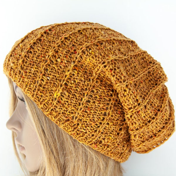 Bonnet Soie Cachemire Laine Tricoté à la main Côtes anglaises Long Oversize Unisex Slouchy Hat Cap Boho Hippie Hat Cap Vieil or couleur Jaune foncé