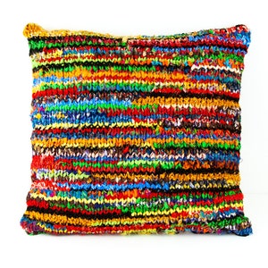 Cushion Pillow Cover Upcycled Silk fabric Yarn Hand knitted Striped Decorative Artisan Designer Home Decor Boho Eclectic Colorful Multicolor