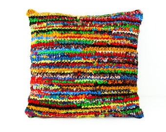 Cushion Pillow Cover Upcycled Silk fabric Yarn Hand knitted Striped Decorative Artisan Designer Home Decor Boho Eclectic Colorful Multicolor