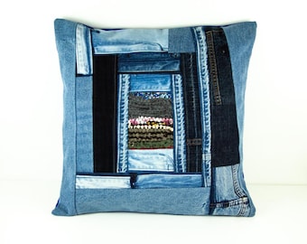 Funda de cojín de patchwork, mezclilla reciclada, tejida a mano, diseño artesanal, almohada decorativa, estilo boho ecléctico, decoración del hogar, almohada decorativa de mezclilla