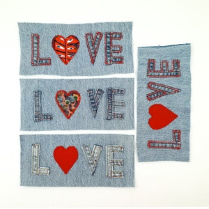 Parches de mezclilla reciclada con corazones LOVE, apliques para coser, parches de mezclilla artesanales con reparación visible