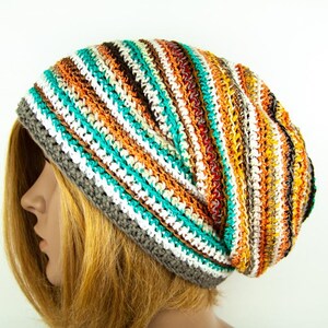 Beanie Cotton Hand Crocheted Striped Long Boho Hippie Unisex Slouchy Crochet Beanie Colorful Multicolor Hat