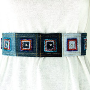 Wide Belt Upcycled Denim Patchwork Beadwork Hearts Seed  display picture 3