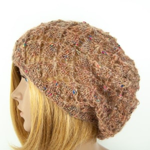 Beanie Mohair Hand knitted Lace knit Camel Mohair Long Oversize Slouchy Hat Cap Boho chic Casual Beanie Beige Mohair Hat Cap Beanie