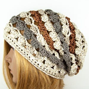 Beanie Cotton Viscose Hand crocheted Lace Mesh Striped Long Slouchy Hat Cap Boho Hippie Casual Gray Beige Cotton Crochet Beanie Hat Cap
