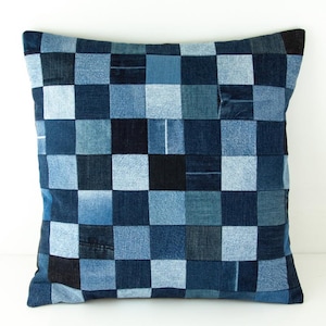 Kudde Örngott Patchwork Återvunnet Denim Hantverksmässigt Dekorativt Örngott Boho Eklektisk Heminredning Denim Patchwork Prydnadskudde