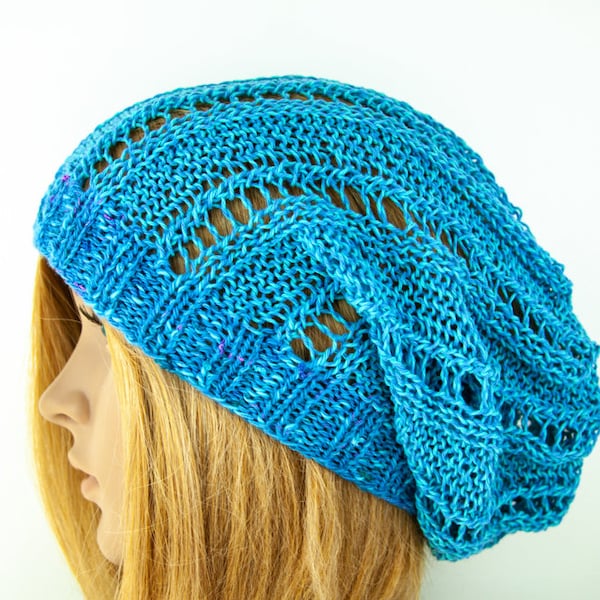 Summer Beanie Cotton Hand knitted Lace knit Long Oversize Slouchy Lightweight Hat Cap Boho Hippie Casual Crunge Blue Turquoise Cotton Hat