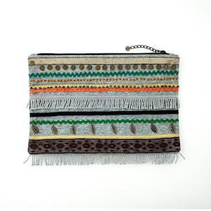 Fringe Clutch Beadwork Bronze Charm Lace Braid Cotton Fabric Cloth Artisan Boho Hippie Oriental Pouch Makeup bag Evening Bag Gray Multicolor
