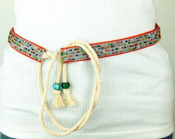 Stropdasriem Kralenwerk Handborduurwerk Kralenriem Stof Doek Heupriem Artisan Boho Hippie Damesriem Veelkleurig Kleurrijk Lichtgrijs Oranje