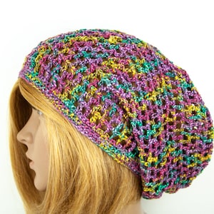 Beanie Cotton Hand crocheted Mesh Long Oversize Slouchy Lightweight Beach Hat Cap Boho Hippie Colorful Multicolor Bright colors