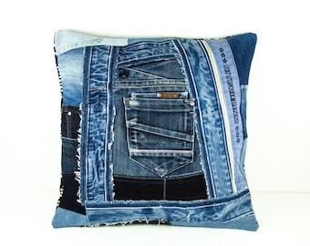 Cushion Pillow Cover Crazy Patchwork with Pocket Upcycled Denim Designer Artisan Decorative Pillow Boho Eclectic Home Decor Throw Pillow