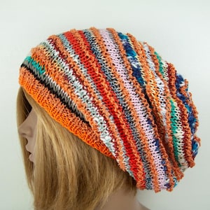 Beanie Cotton Hand knitted Striped Long Oversize Slouchy Unisex Hat Cap Boho Hippie Beanie Orange Colorful Multicolor Knit Hat