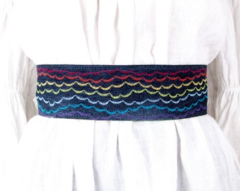 Wide Belt Upcycled denim Embroidery Rainbow Artisan Boho chic Hippie Cottоn Fabric Cloth Women belt Multicolor Colorful