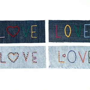 Parches Bordados a mano Corazón de amor Denim reciclado Parche para coser Remiendo visible Adorno Cosido a mano Costura lenta Colorido Multicolor