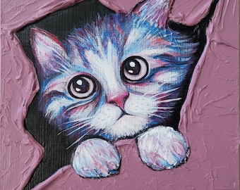 Original Textured Cat Painting - 3D Impasto Acrylic Art on Wood Panel, Cute Peeking Kitten Wall Art, Warm Pink Home Decor