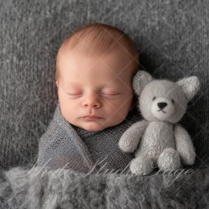 Op de afbeelding: Een slapende pasgeboren baby, gewikkeld in een grijze deken, naast een kleine grijze teddybeer. De baby heeft lichtbruin haar. De achtergrond is een zachte, getextureerde grijze stof.