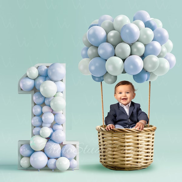 Digital Background 1st first birthday one backdrop for baby boy with air balloon, Digital blue Backdrop for baby boy sitting in the basket