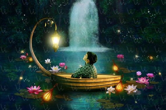 ファンタジー ボート デジタル背景、霧の湖 デジタル背景、ボートの