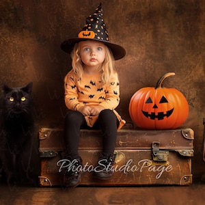Digital Halloween Girl Witch Backdrop Halloween Autumn Background with girl sitting near the pumpkin on the suitcase with black cat