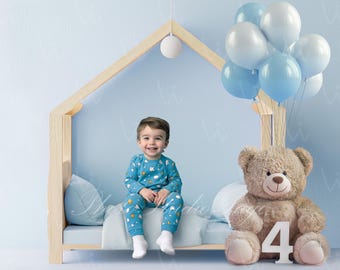 Jungen 4. Geburtstag Backdrop: Blauer Bär Feier (Digitaler Download)