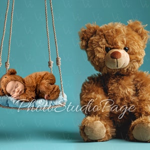 Toile de fond numérique nouveau-né pour petit garçon qui dort sur la balançoire avec un gros ours sur fond bleu | insérer le visage de bébé | Photographie de bébé
