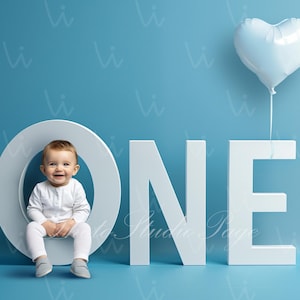 Digital First 1st Birthday Backdrop Background One year Birthday Background Baby Boy Girl Birthday Background Blue Backdrop, Number One