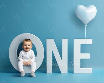 Digital First 1st Birthday Backdrop Background One year Birthday Background Baby Boy Girl Birthday Background Blue Backdrop, Number One