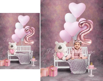 Digital 2 two year second birthday Backdrop, Baby Girl Digital Backdrop, first birthday Baby Background, bear on the chair and balloons