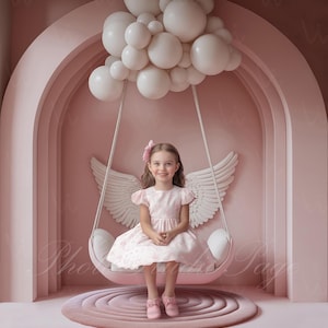 Digital Backdrop Mädchen mit Engelsflügel Hintergrund Fotografie Ideen, auf der Schaukel, rosa Hintergrund mit Flügeln Rahmen Bilddekoration