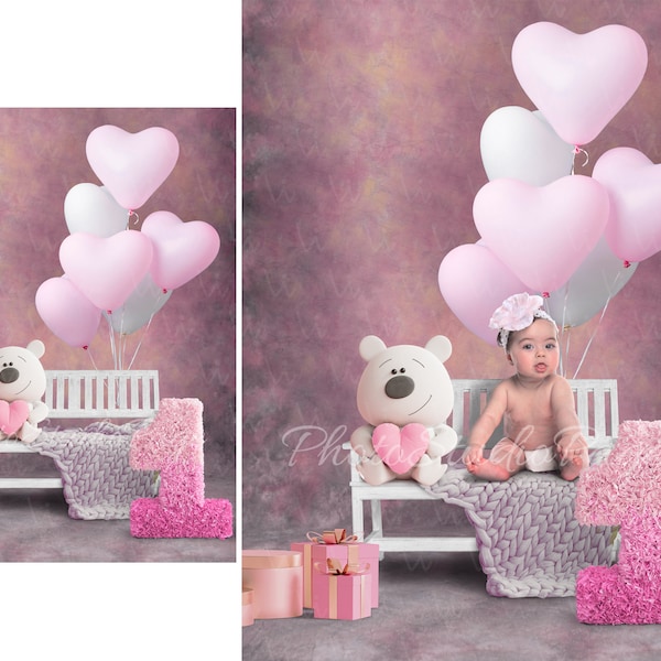 Digital First birthday Backdrop, one year Baby Girl Digital Backdrop, first birthday Baby Background, bear on the chair and balloons