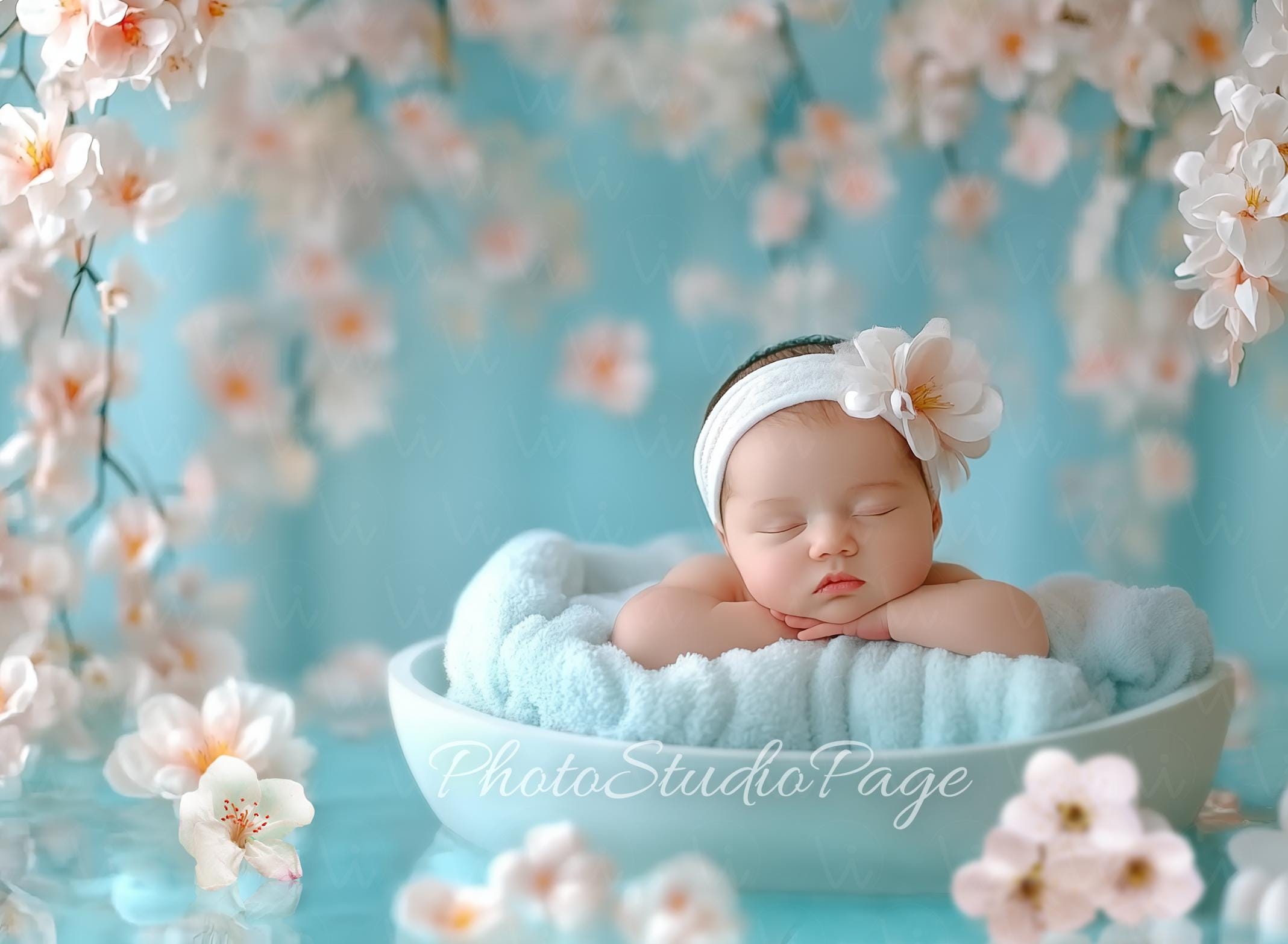 Newborn digital Spa backdrop, Baby Girl Blue Spa Background on photography digital backdrop Cherry Blossom  Photography, Insert face