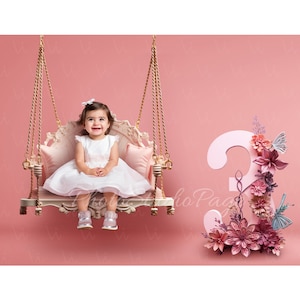 Sfondo digitale per il terzo compleanno di tre anni, sfondo per il terzo compleanno, sfondo per il compleanno di una bambina, sfondo per l'altalena rosa, numero tre