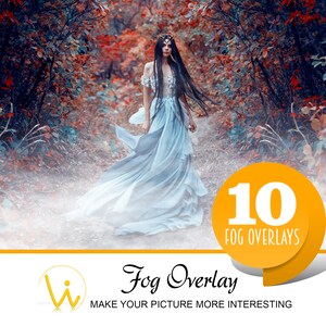 May include: A woman in a blue dress walks through a foggy forest. The image is a digital product for adding fog overlays to photos. The text on the image reads "10 Fog Overlays".
