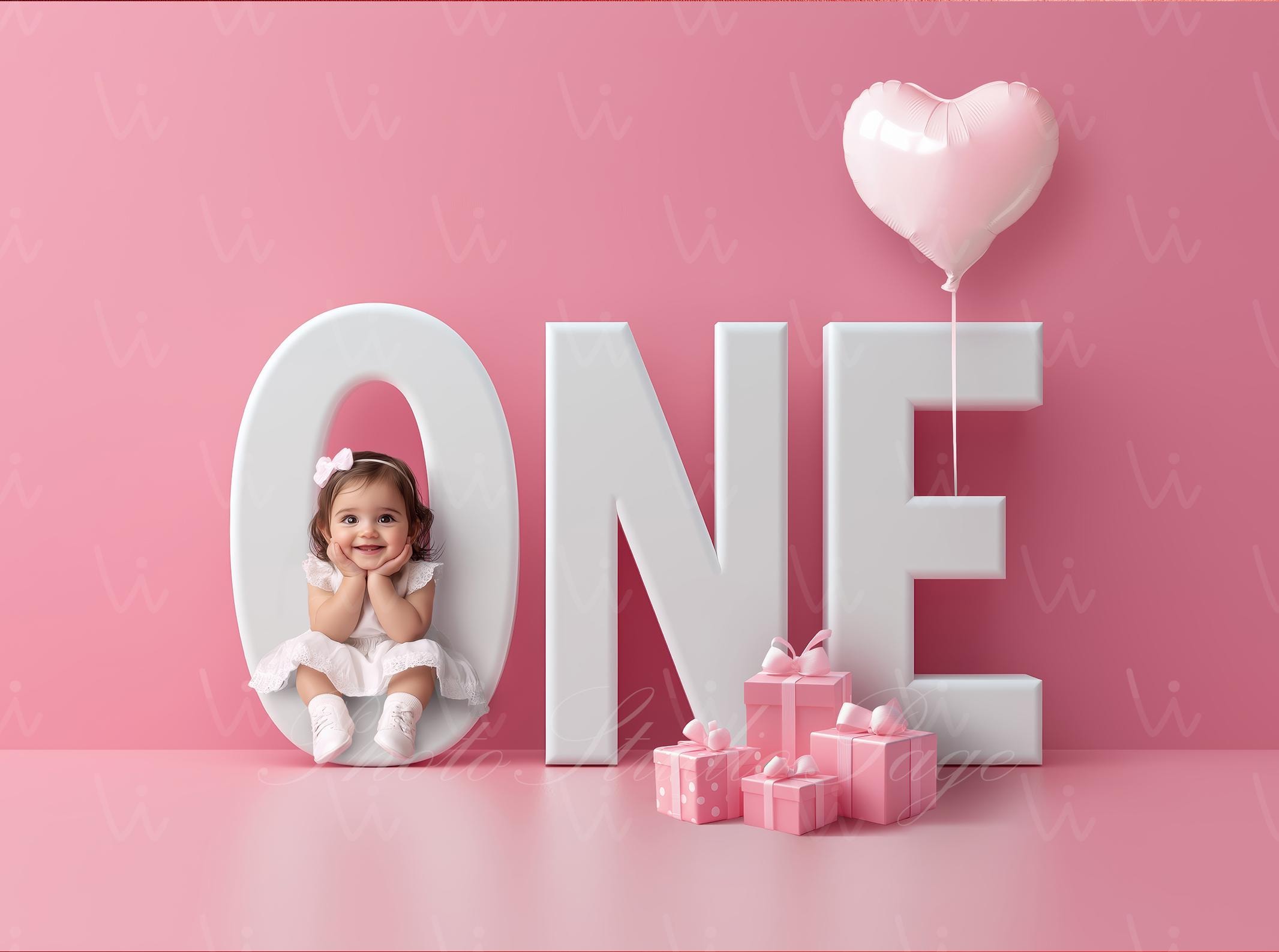 Digital 1 one year first birthday Backdrop First birthday Celebration Baby Girl Background Baby Girl Birthday Gift Pink Background balloon
