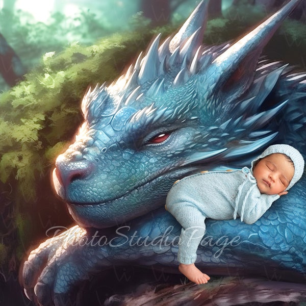 Digital Newborn Boy Dragon Backdrop, Sleeping Dragon Background, Newborn Birthday Mom's Gift, Baby Boy Photography, Instant Picture Download