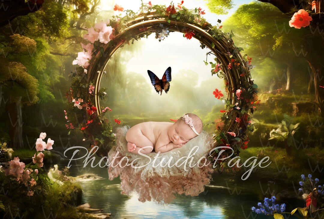 Digital Newborn Birthday Baby Backdrop, Girl or Boy on the Floral Ring