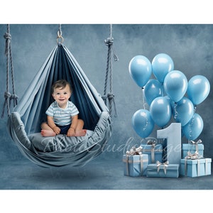 Digital First Birthday Backdrop Background, One year Birthday Background, Baby Boy Birthday Background, Blue Backdrop with Swing, Number One