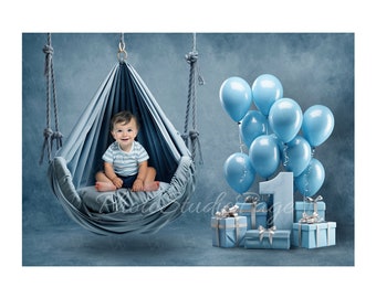 Digital First Birthday Backdrop Background, One year Birthday Background, Baby Boy Birthday Background, Blue Backdrop with Swing, Number One