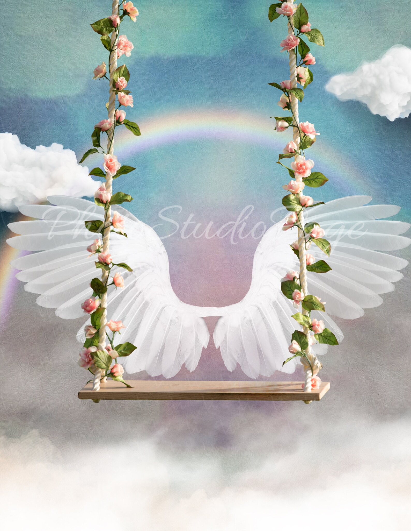 Digital Backdrop Girl With Angel Wings on the Swing, Digital Background ...